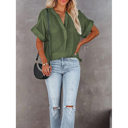 Women's V-Neck Loose Shirt Short Sleeve Top